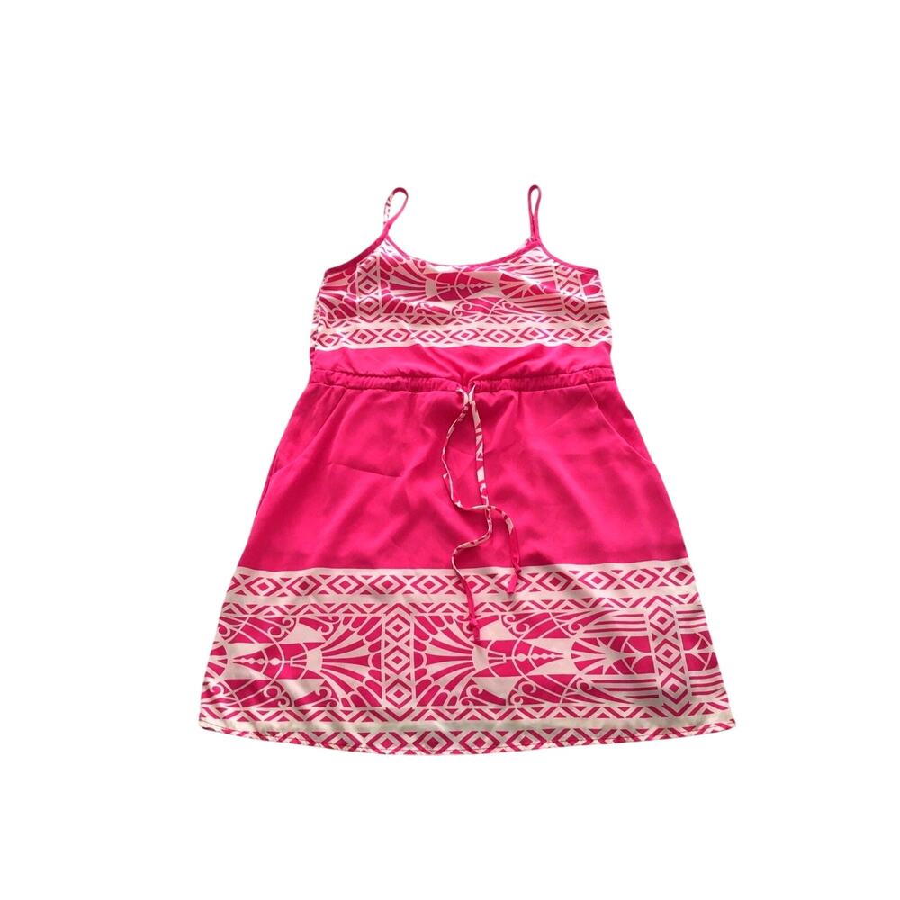 Ellie Pink Sundress White Patterned Cinch Waist Tank Dress Size Medium